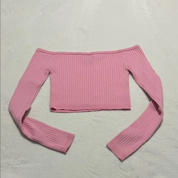 Cropped Pink Off-Shoulder Ribbed Sweater - Picture 3 of 3